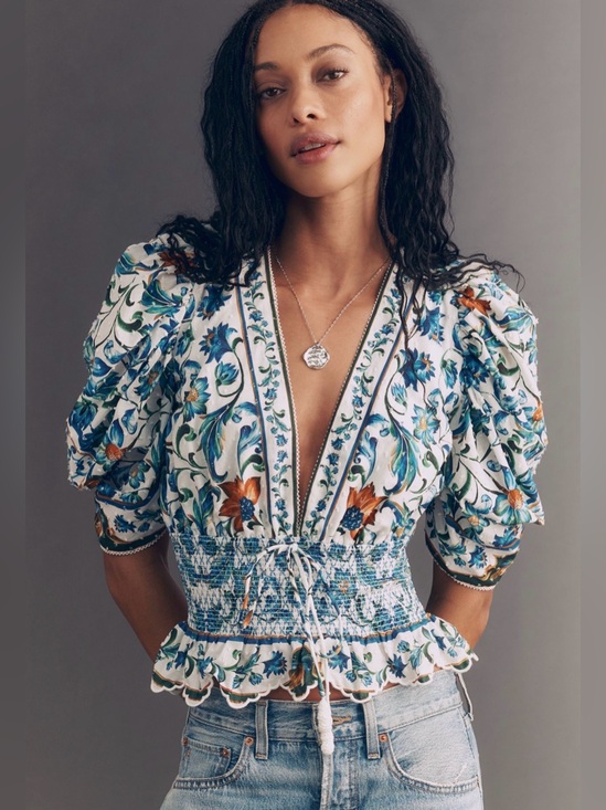 FARM Rio Tops - Farm Rio Off-White Flora Tile Smocked Blouse